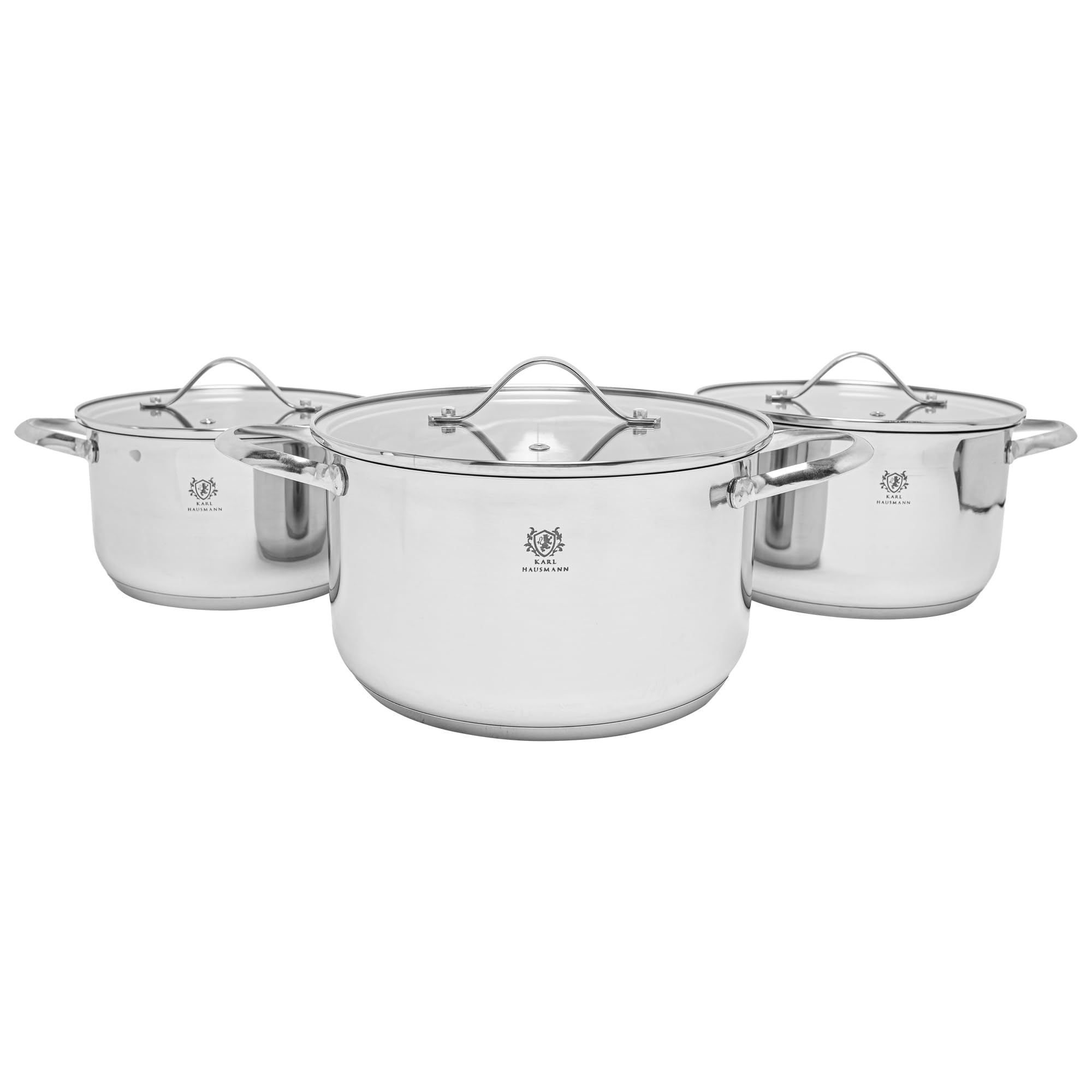 KARL HAUSMANN Topfset Induktion aus Edelstahl, 6-teilig | Töpfe Set 2,6 / 3,6 / 4,7 L, Ø 18 / 20 / 22 cm, Kochtopf mit 3 Glasdeckel mit Dampföffnungen, genietete Griffe, Innenskalen