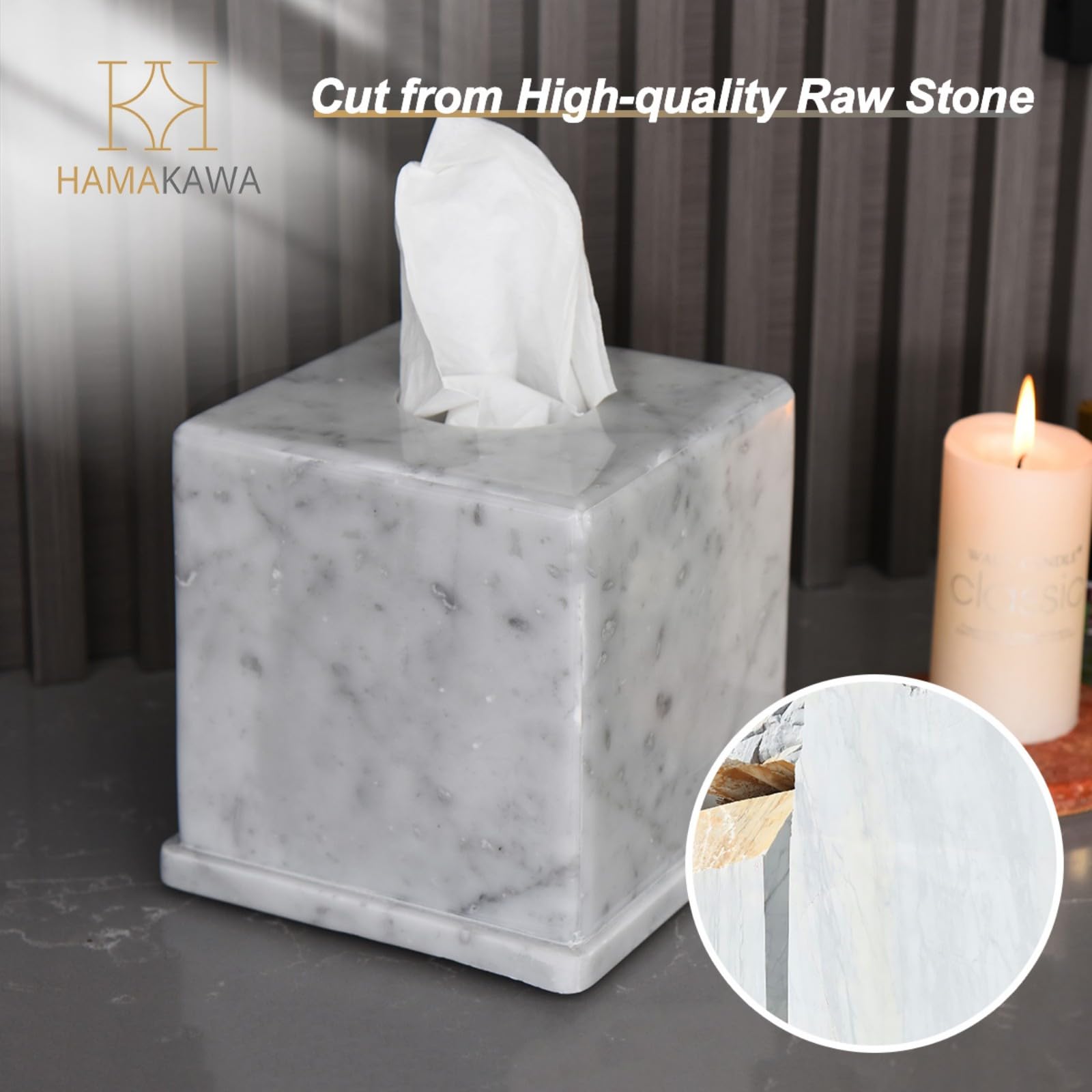 Boite a Mouchoir Marbre Naturel, Blanc Carrara Boite Mouchoirs Design 15x15x14,5 cm, Rangement Decoratif Pierre Lourde, Rangement Carré pour Cuisine, Salle de Bains, Chambre