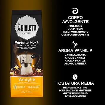 Bialetti - Perfetto Moka Vaniglia: Medium Roasting Ground Coffee, Vanilla Aroma, 8.8 Oz - 250g, Bag with Flavour-Saving Valve
