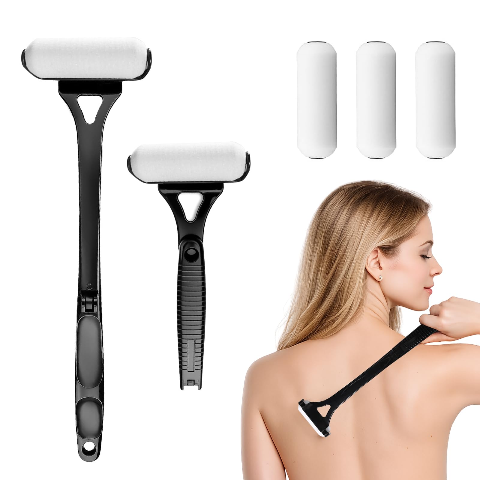 Eincremehilfe für Rücken mit Langer Griffstange, Faltbare Rücken Eincremehilfe 46,5 cm mit 4 Schwammköpfen, Lotion Applikator für Sonnencreme, Selbstbräuner, Duschgel