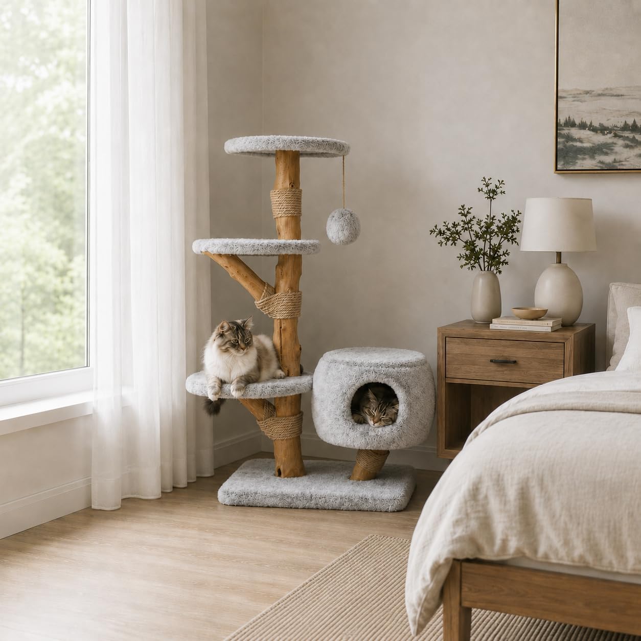 Leo & Lexi Modern Cat Tree Tower with Cave, Real Wood Cat Scratching Post with Bed for Indoor Cats Large Adult, Solid Wooden Climbing Tower, Aesthetic, Luxury Pet Furniture (Light Wood) image 3