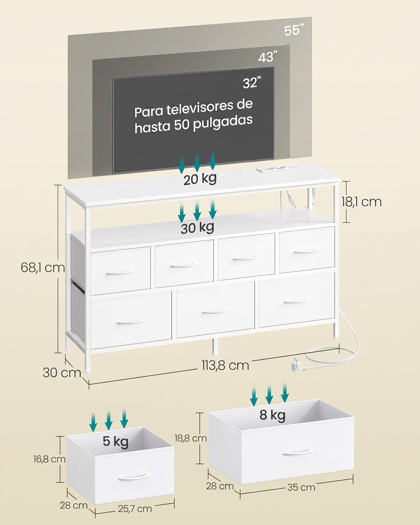SONGMICS BELLAH Colección – Cómoda para Dormitorio, Mueble de Almacenaje, Iluminación LED Ajustable, Regleta de Enchufes, 1 Estante, 7 Cajones, Moderna, Blanco Nube LGS733WH01