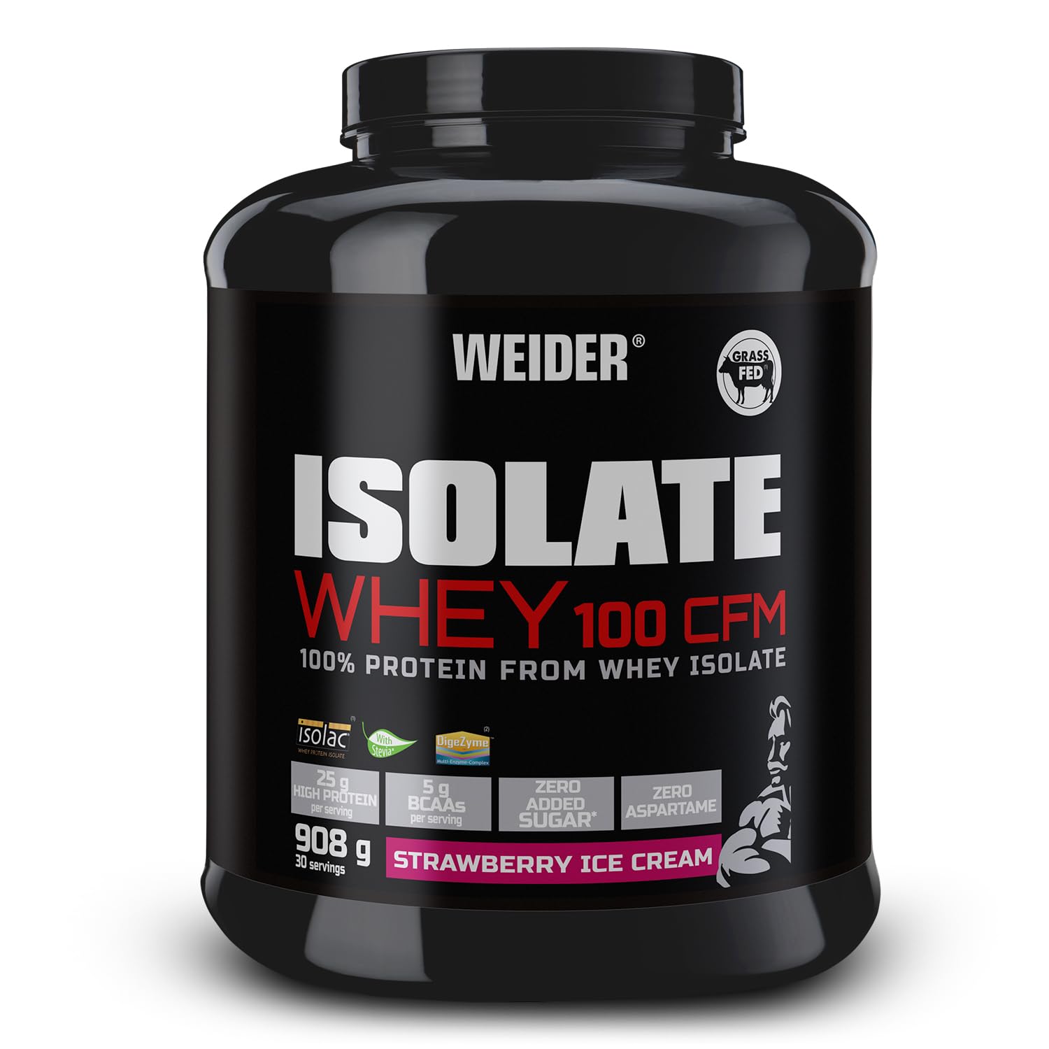 WeiderIsolate Whey 100 CFM (908g) Strawberry Ice Cream Flavour. Protein Powder with 25g Proteins and 5g BCAAs per Serving. Low Sugar. Aspartame-Free.