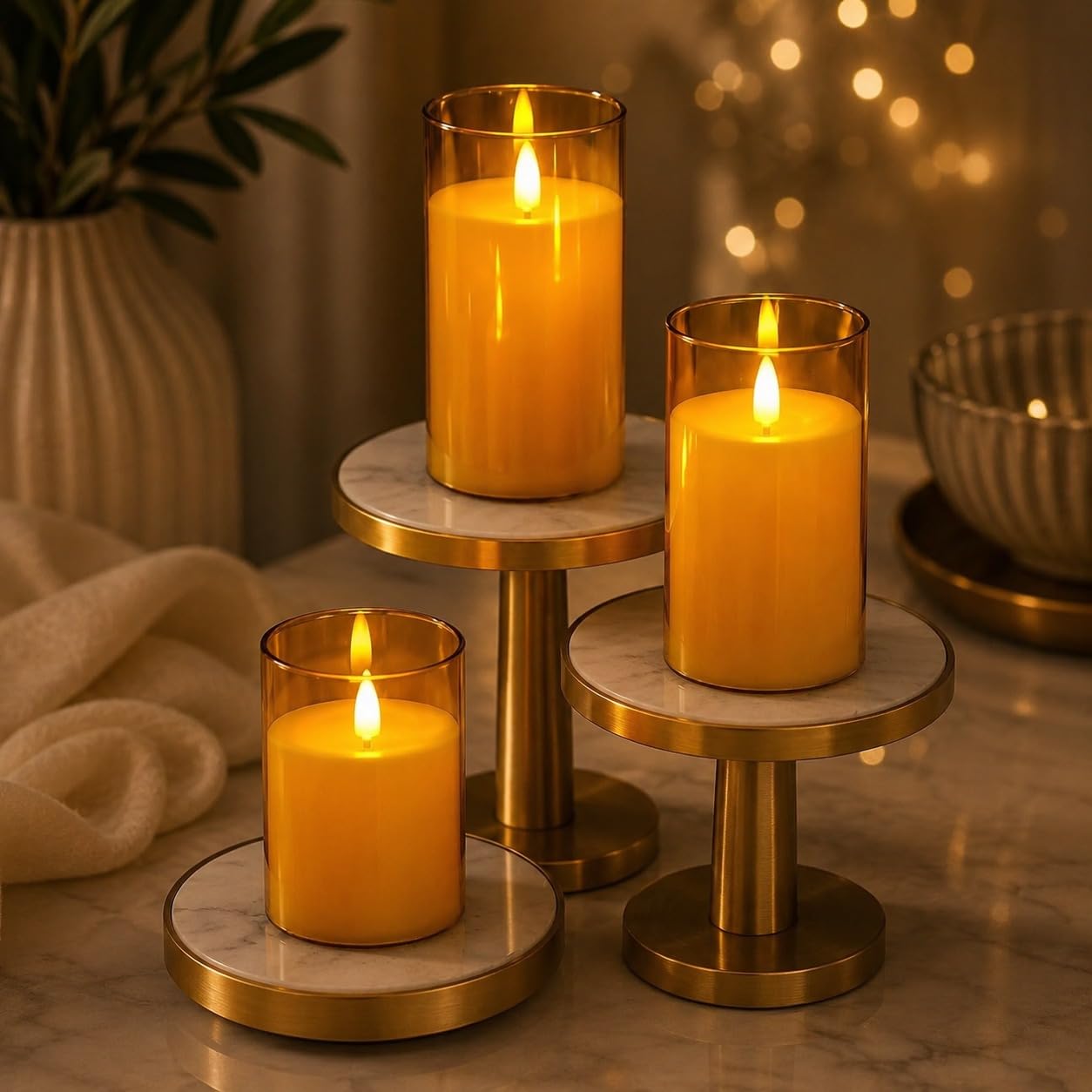 VERVENIX Flameless LED Pillar Candles with Clear Glass Effect Cover (Set of 3) – Battery Operated Flickering Candle Lights for Home, Parties, Weddings & Decoration