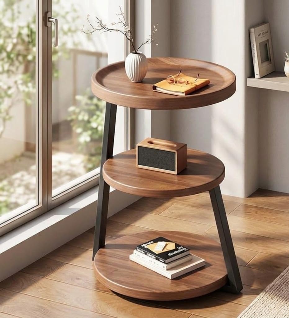 Round Bedside Table Natural Mango Wood Top with Black Iron Frame Double Layer Side Table Modern Night Stand Accent Table for Bedroom Living Room Sofa Corner-picture-11