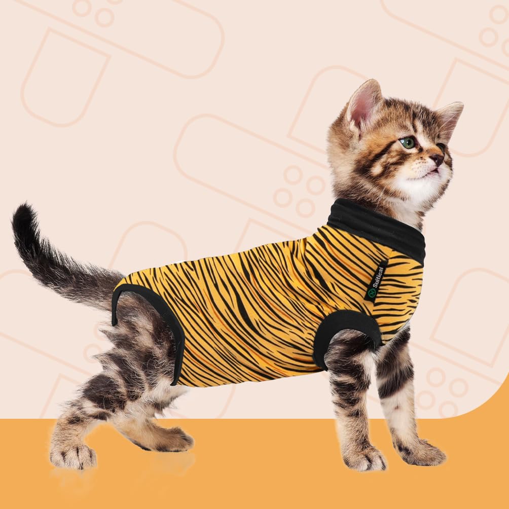 Suitical Cat Recovery Suit for Spay, Neuter, Suture, Incision, &amp; Skin Conditions - Breathable Fabric with Back Opening - 11.4-14.6 Inches Neck to Tail, 13-16 Inches Chest - 3XS, Tiger Print