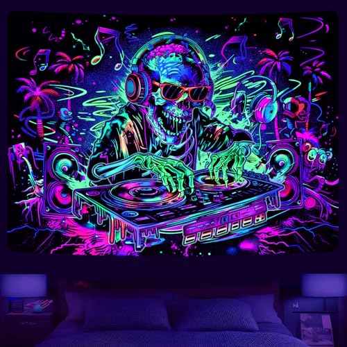 Uspring Blacklight Skull Tapestry Trippy Skeleton Tapestries Funny Music Wall Tapestry Hip Hop Tapestry Wall Hanging Uv Reactive Hippie Wall Art cover
