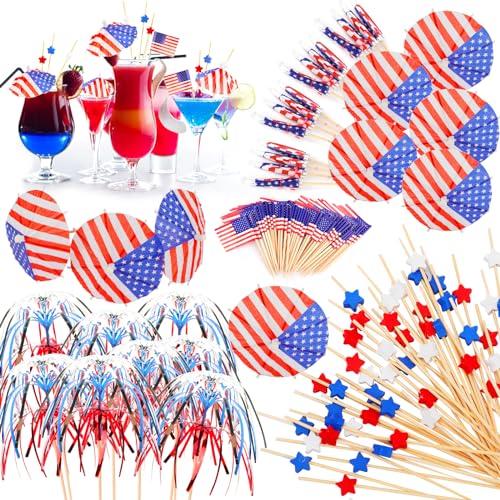 HOWAF 220pcs 4th of July Cocktail Picks USA Flag Drink Umbrellas Fruit Sticks Toothpicks Red Blue White Star Picks for Independence Day Party Drink Decorations, Patriotic Party Food Drink Pick