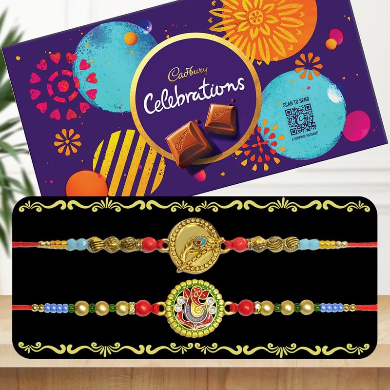Image of Canton Rakhi Combo Gift Hamper Pack of 2 Rakhi For Brother With Chocolate, Rakhi With Cadbury, Greeting Card & Roli Tilak (Design-19, 2 Rakhi With Celebration)