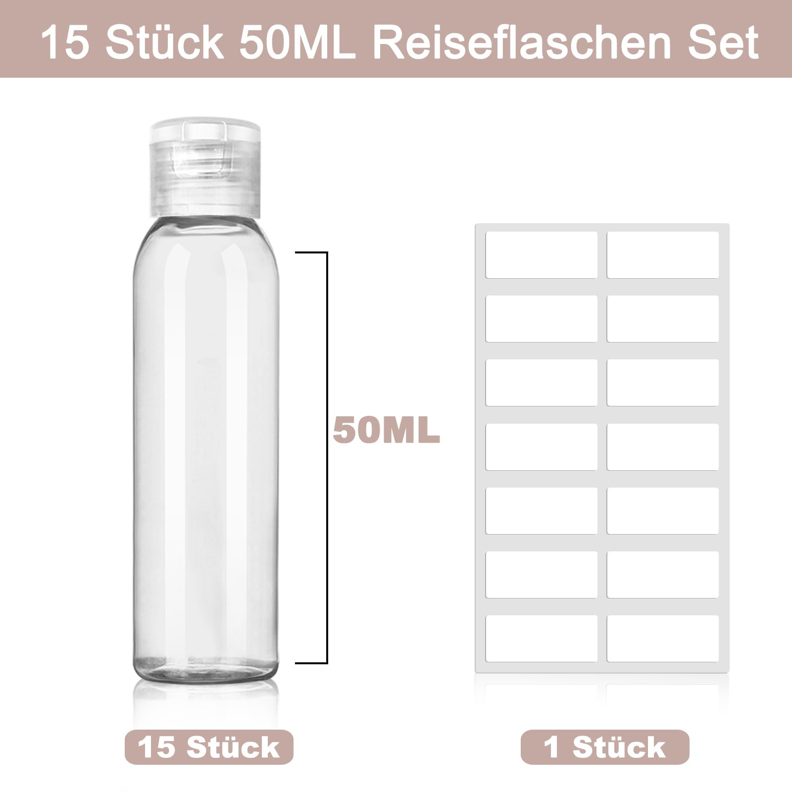 REJOECE 15 Pcs 50ml Travel Bottles Container for Toiletries Flip Cap Plastic Squeeze Bottles with Labels Use for Shampoo Lotion - Image 2