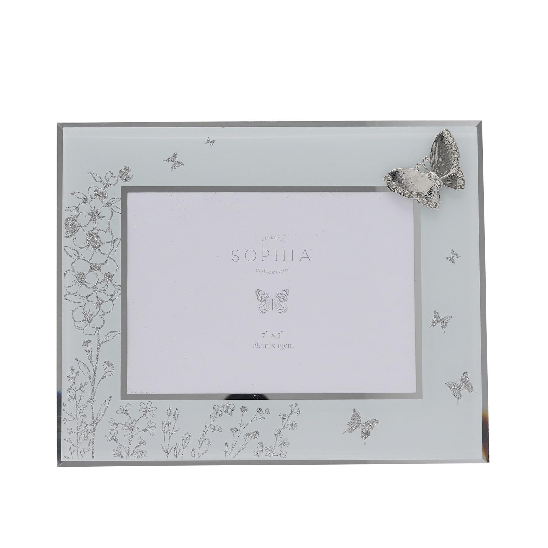 Sophia - Classic Silver Butterfly Glass Picture Frame Horizontal Single Aperture - 7" x 5" - Self Standing Photo Frame With Easel Back - Contemporary Homeware & Gifting - H: 20cm x W: 25.