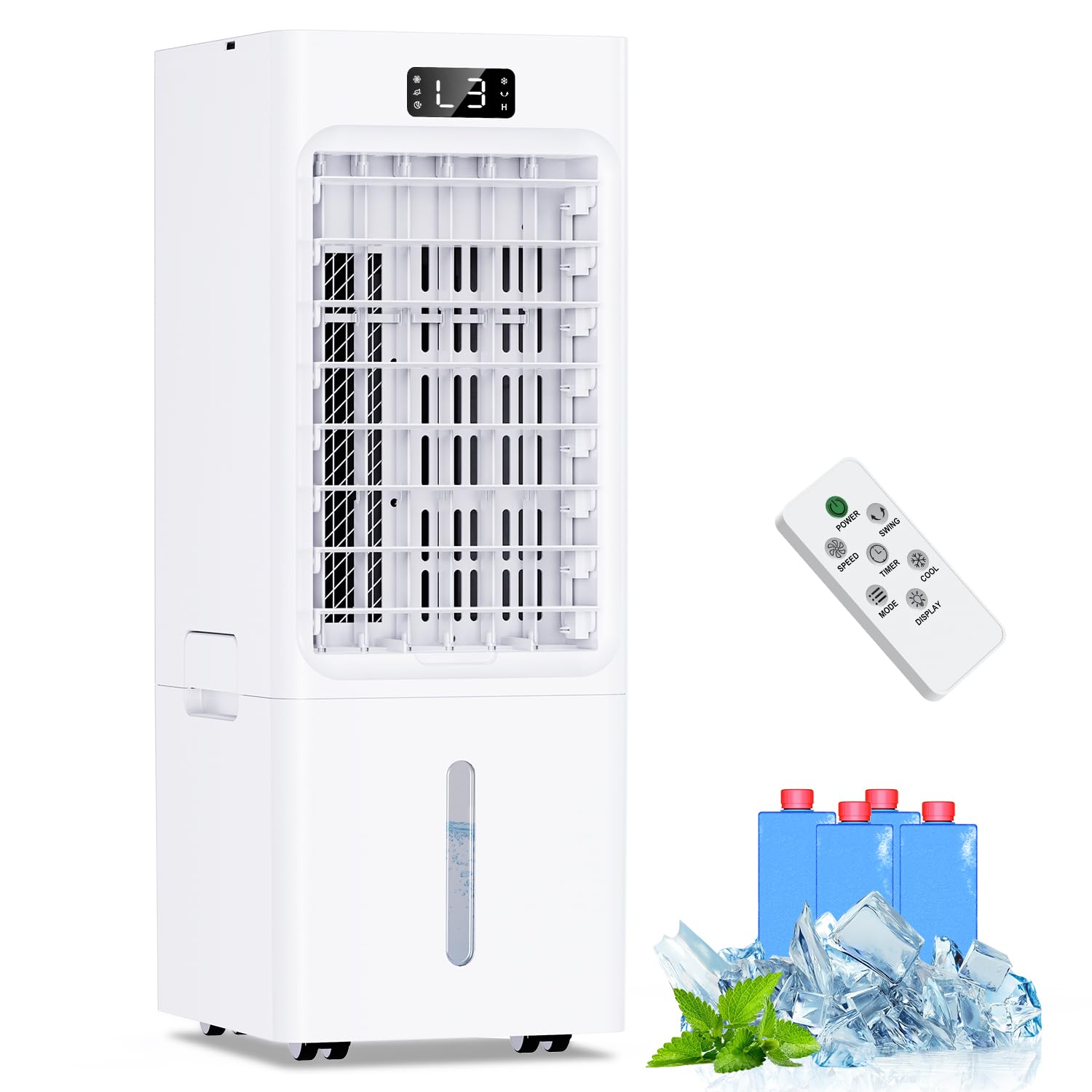 Aire Acondicionado Portatil Evaporativo 4 en 1, Enfriador de Aire con 6L Tanque, 4 Modos 3 Velocidades, Temporizador de 1-12 H, 60°Oscilación, 4 Packs de Hielo, Control Remoto, para Hogar Oficina
