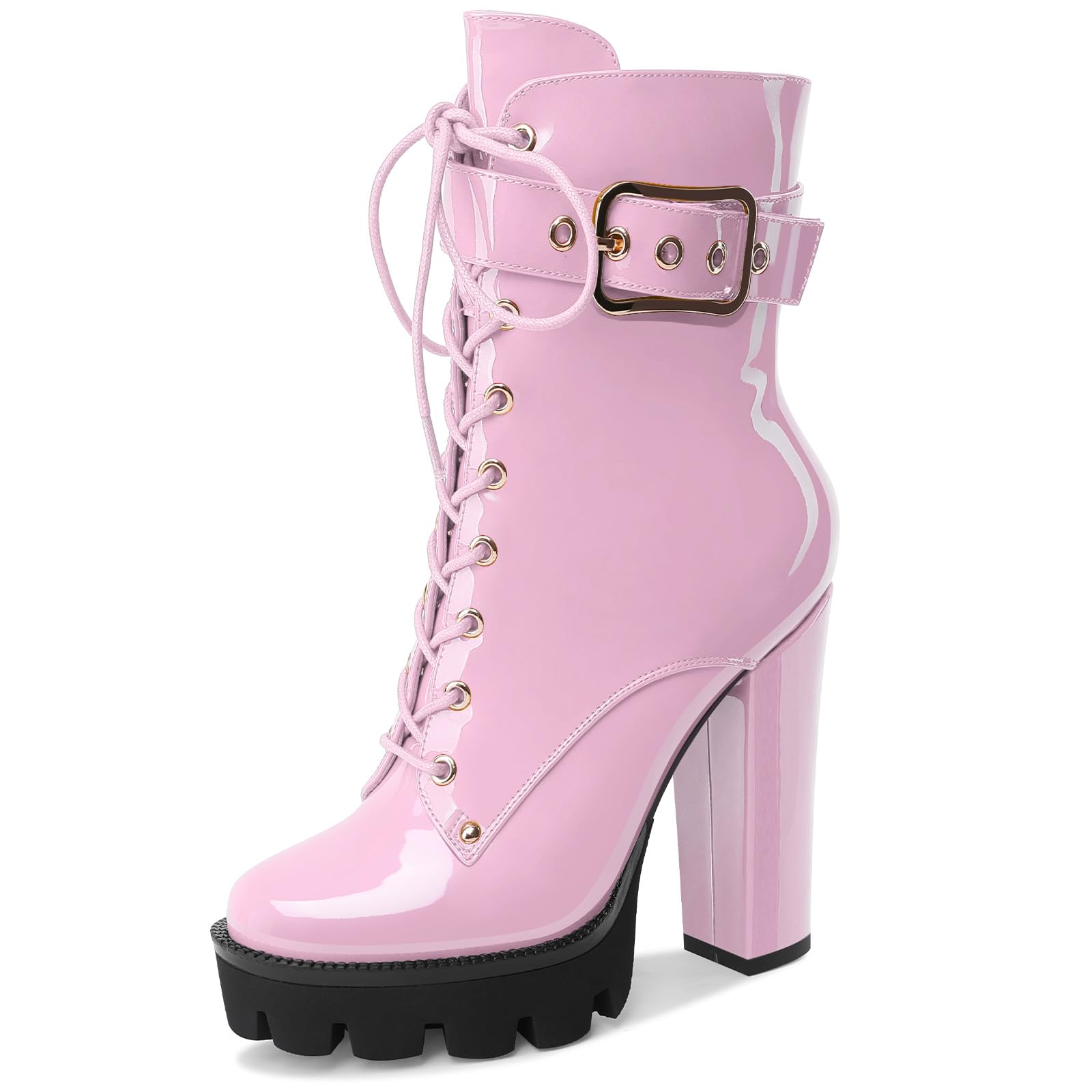 Z.Oufeier Women's Platform High Chunky Heel Combat Goth Ankle Boots Buckles Patent Leather Lace Up Block Heeled Booties