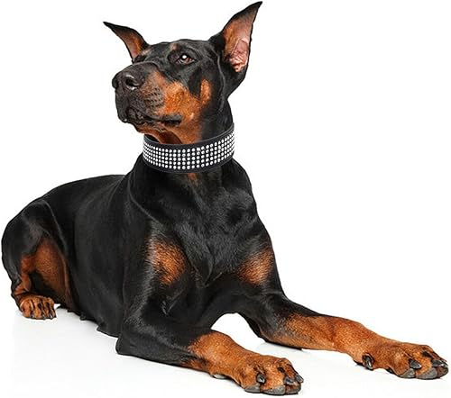 Miniatura 9 de Collares de perro con diamantes de imitación, 2 pulgadas de ancho, con tachuelas de piel sintética, 5 filas de cristales brillantes para perros