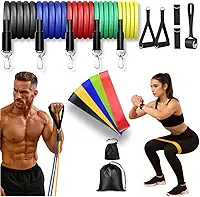 Kit 11 Peças Elástico Extensor + kit 5 Miniband Treino Em Casa Exercício Físico Academia Fisioterapia Musculação Pilates Yoga Aquecimento Funcional Alongamento Malhar Emagrecimento- Prime