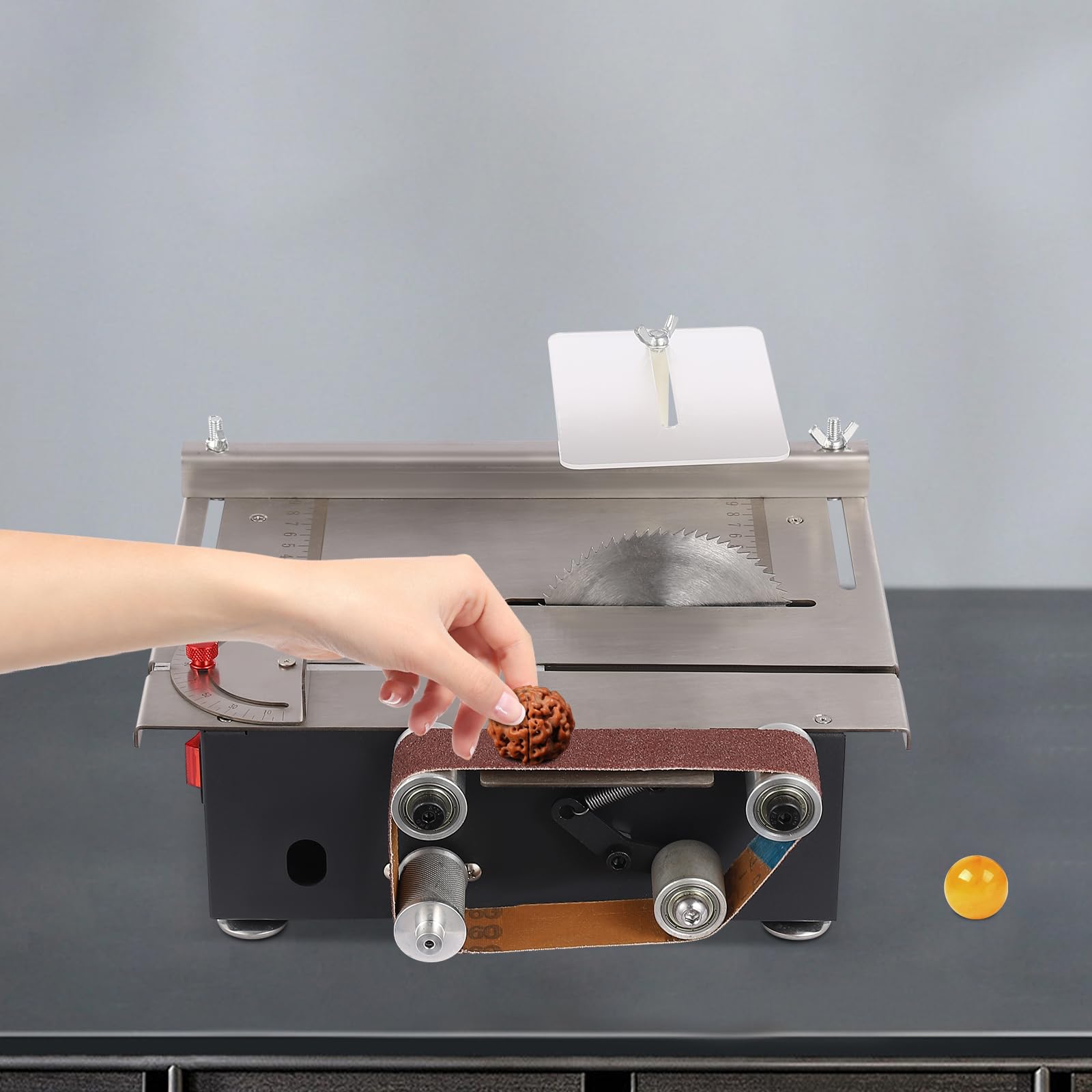 Mini stołowa piła tarczowa, 200 W, 10 000 obr./min, stołowa piła tarczowa z 4 brzeszczotami, głębokość cięcia 33 mm, regulacja kąta 0-90°, 7 biegów, szlifierka taśmowa do rękodzieła w drewnie, DIY