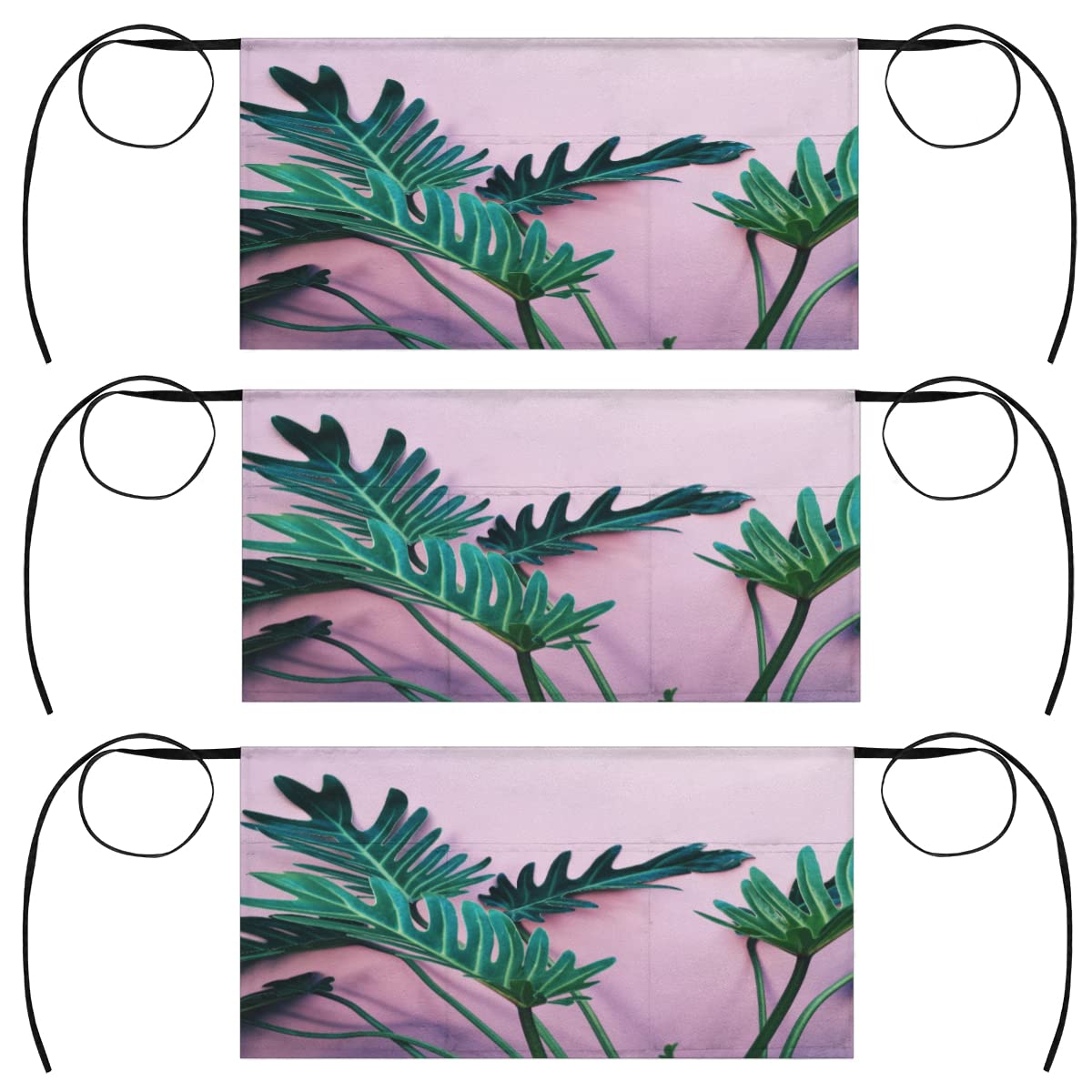 bisibuy Green Pink Tropical Leaves 3 Pack Server Aprons with 3 Pockets, Bright Color Waitress Waiter Wasit Apron for Women Men Restaurant Bistro Cafe Bars Half Aprons Waitress Server Accessories