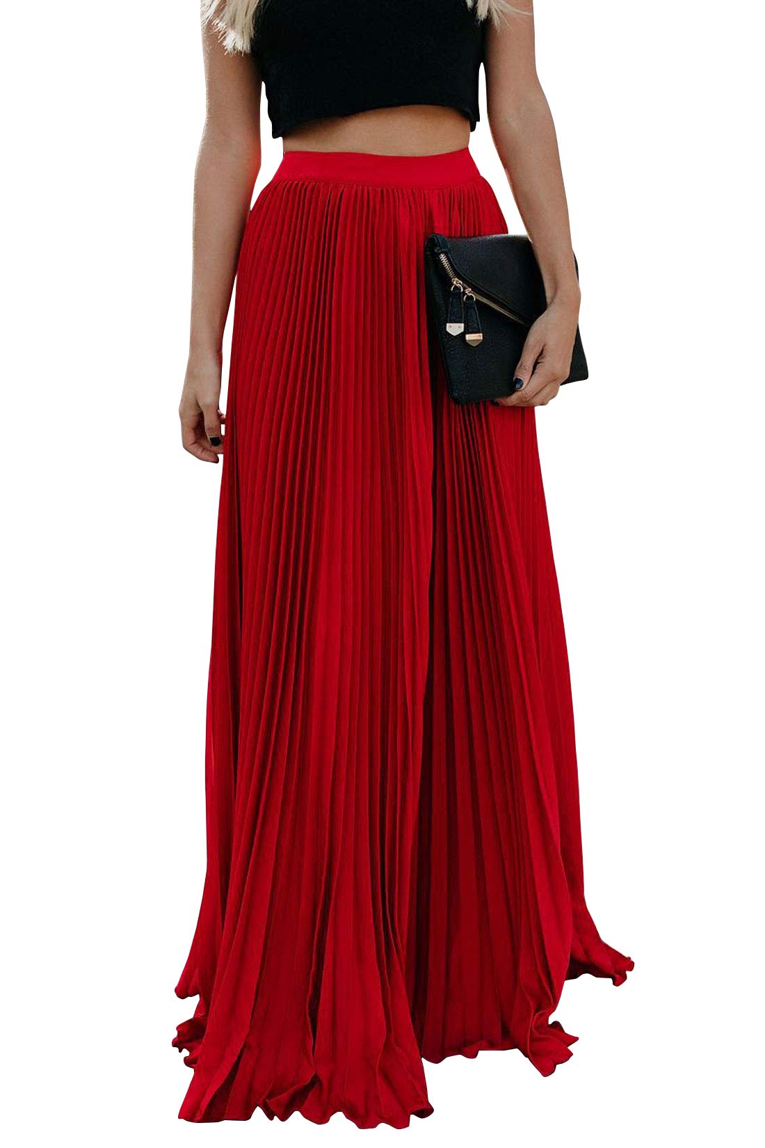 ebossy Women's High Waist Flowy Pleated Chiffon Maxi Skirt - Red - Large