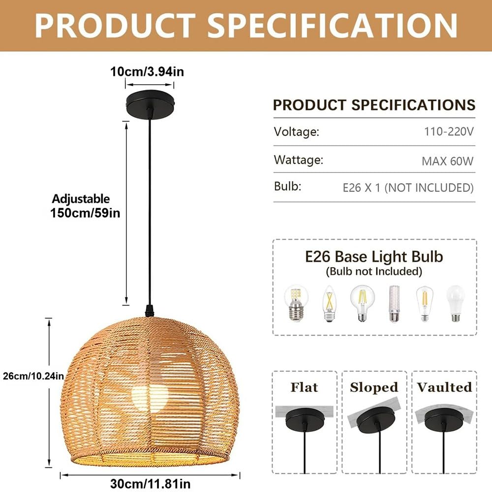 Lampa Wisząca Boho 11,81 Cala, Ręcznie Tkana Naturalna Lampa Wisząca Z Wikliny, Lampa Sufitowa W Stylu Vintage Do Sypialni, Salonu, Kuchni, Wyspa, Żyrandol Z Liną Papierową, Oprawa Rattanowa