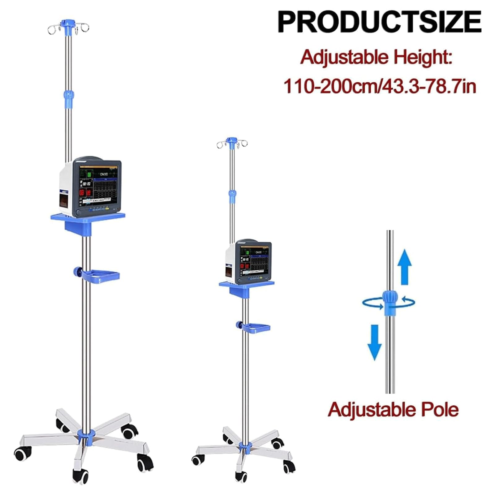 Soporte de Poste IV móvil, Poste IV Inoxidable con Bandeja, Soporte para IV, Soporte de infusión Ajustable, 4 Ganchos, Soporte para Bolsa IV de 5 Ruedas