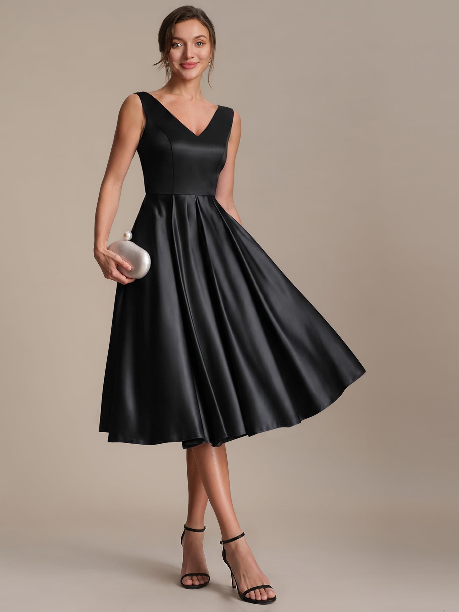 Ever-Pretty Robes d'Invité de Mariage Col en V sans Manche Satin Midi EG02774