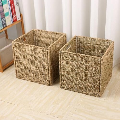 Aluusy Juego de 2 Cestas Almacenaje Tejidas a Mano, Cestas de Almacenamiento Tejido con Junco Marino Natural Cubo 30CM, Cestas de Mimbre con Asas, Organizadora para Baño Estanterías Casa - imagen 9