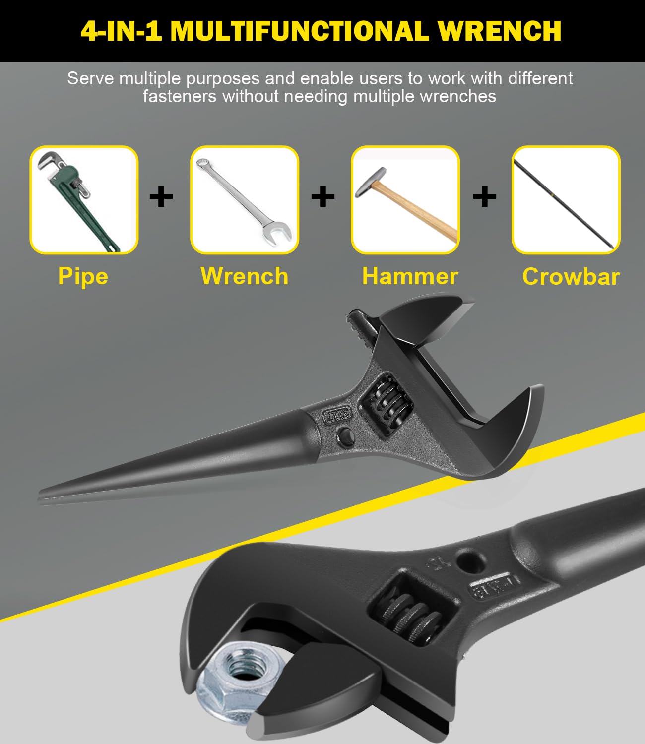 3277 Llave ajustable extra ancha, llave de espiga con agujero de sujeción para tuercas y pernos de hasta 1-7/16 pulgadas, 10 pulgadas