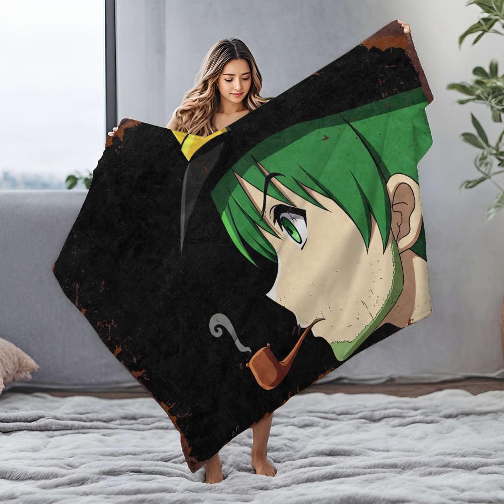 Pluszowy koc zielonowłosy postać anime paląca fajkę. koc flanelowy w rozmiarze king size narzuta koc na łóżko rozmiar queen size (150 x 200 cm)