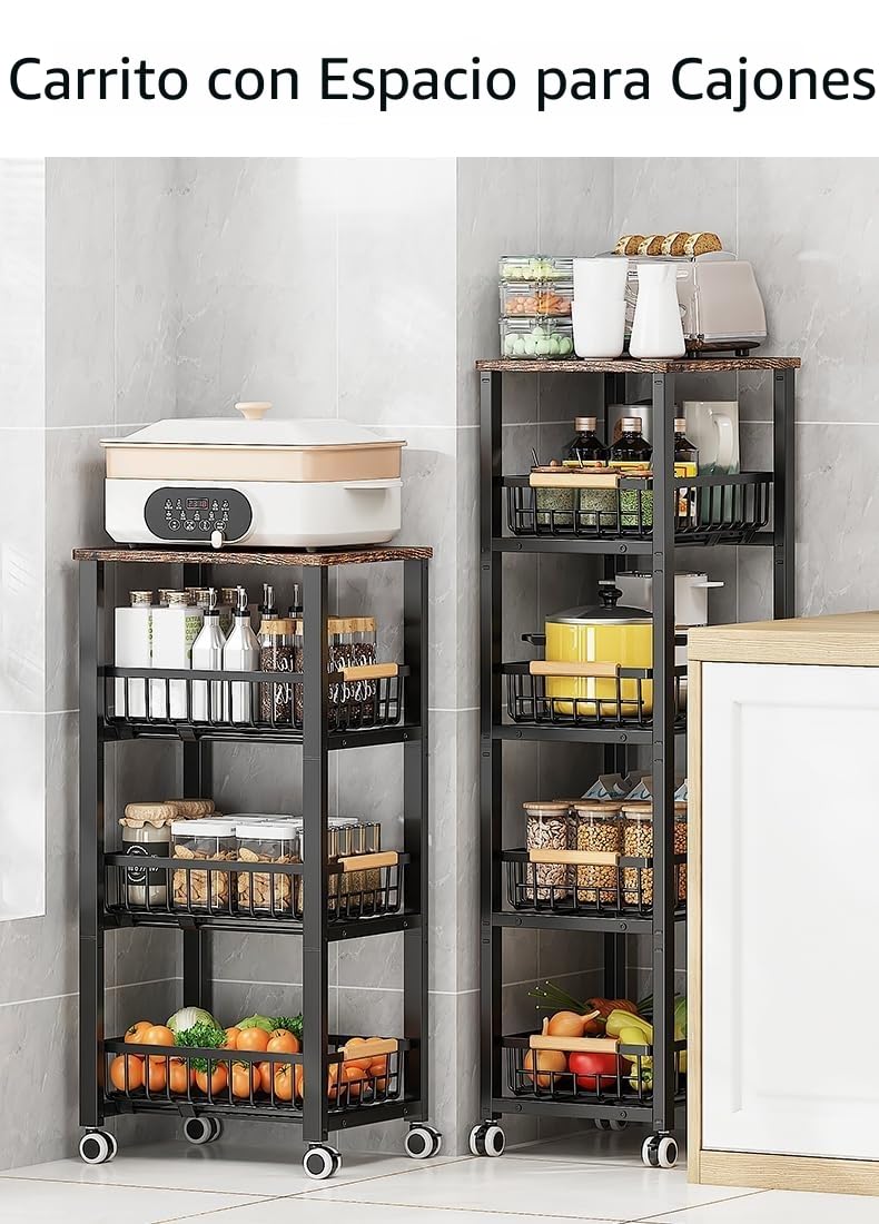 Canastas de alambre de metal con ruedas, contenedores de almacenamiento apilables, estante organizador de cocina, carrito de frutas y verduras de múltiples niveles, estante estacional para