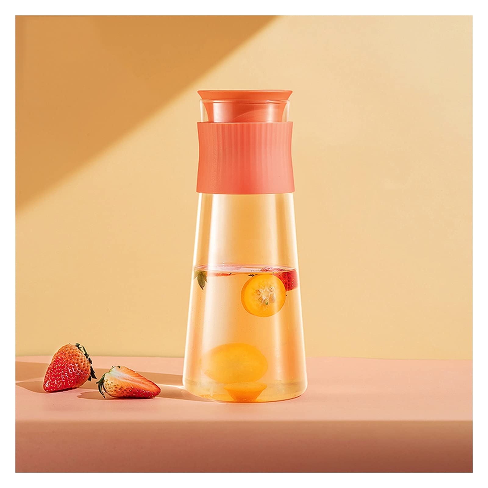Jarras Agua Jarra de vidrio con anillo de sellado de silicona Hervidor de agua frío Tetera multicolora con salida doble for jugo, bebidas calientes y frías, café Jarra de Té Helado(Orange)
