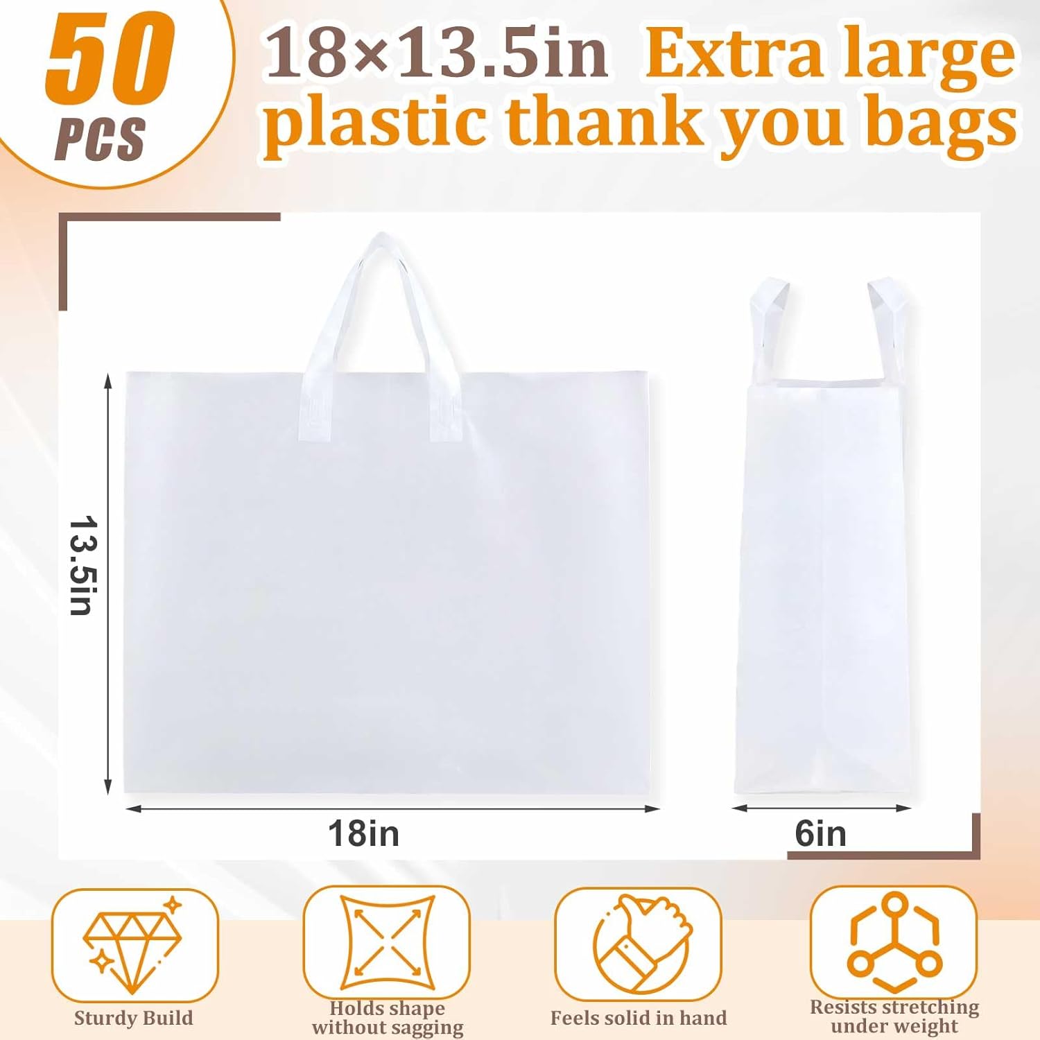 Klyyo Clyro 50 Pack 18 × 6 × 13.5 Inch Frosted Plastic Gift Bags with Handle Large Reusable Frosted Plastic Shopping Bags for Small Business, Boutiques, Retail, Wedding Party Favors (White Clear)