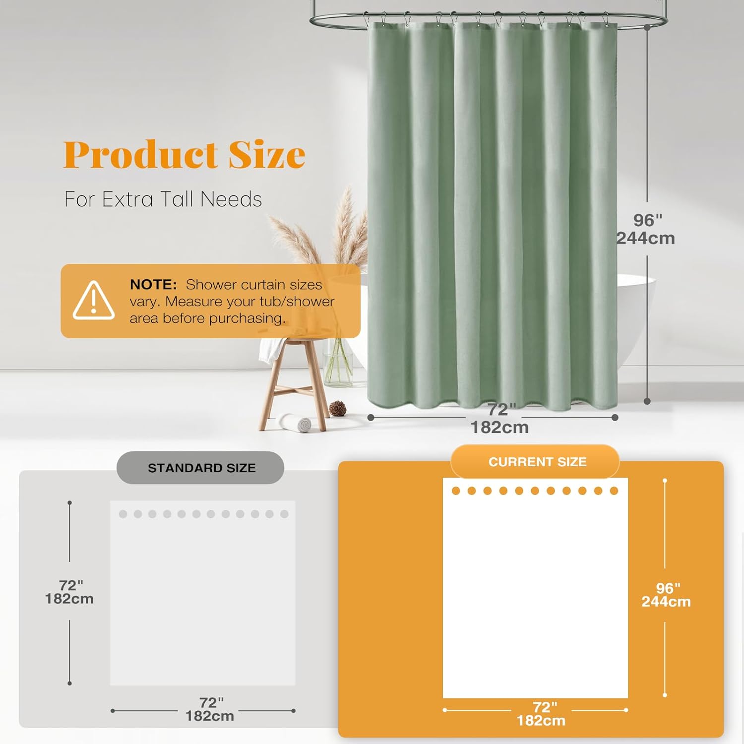 BTTN Fabric Shower Curtain, Linen Textured Heavy Duty Polyester Cloth Shower Curtain Set with Plastic Hooks, Sage Green, 72x96