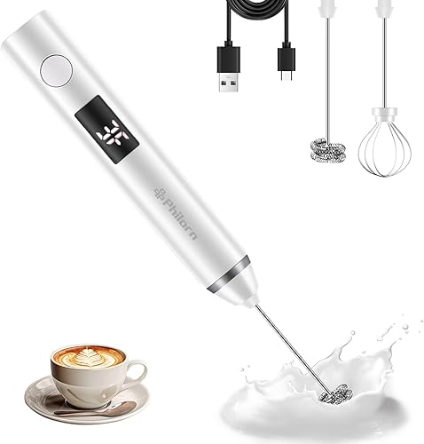 Miniatura 8 de Philorn Espumador de leche recargable de mano, varita espumadora con 2 cabezales, batidor eléctrico para café, mini espumador para lattes,