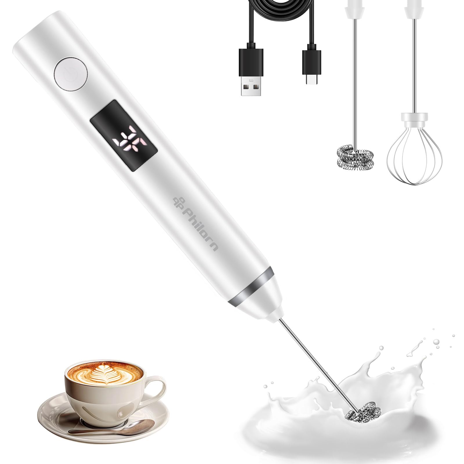 Philorn Rechargeable Handheld Milk Frother with Battery Indicator & 2 Whisks - Electric Coffee Whisk, Cappuccino Mixer, Hot Chocolate Frother for Barista-Style Drinks (White)