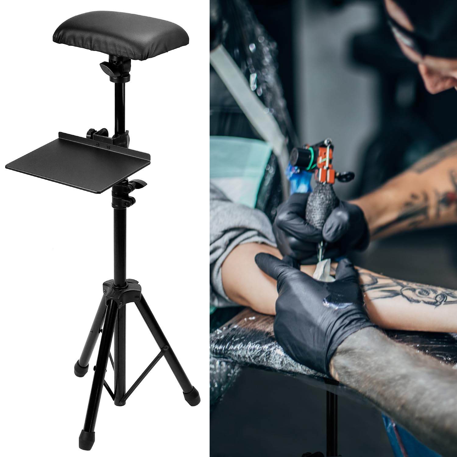 QWORK® Apoyabrazos para Tatuajes Profesional Trípode con Bandeja Extraíble - Almohadilla Suave Engrosada 24 x 18 x 4 cm, Altura y Ángulo Ajustables - Reposabrazos Tattoo Portátil