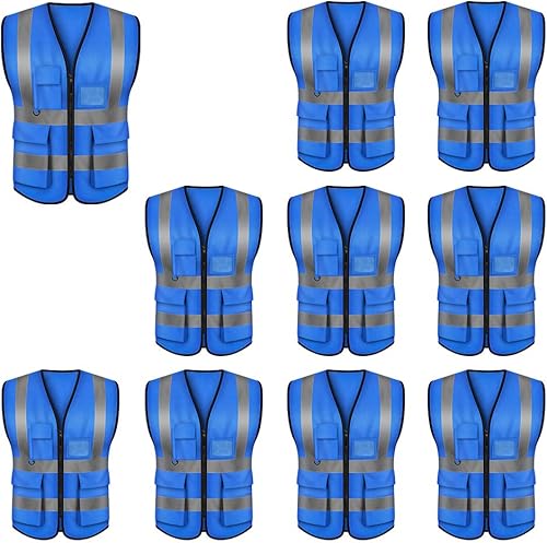 GOGO 5 Pockets High Visibility Zipper Front Safety Vest with Reflective Strips Uniform Vest, Pack of 10