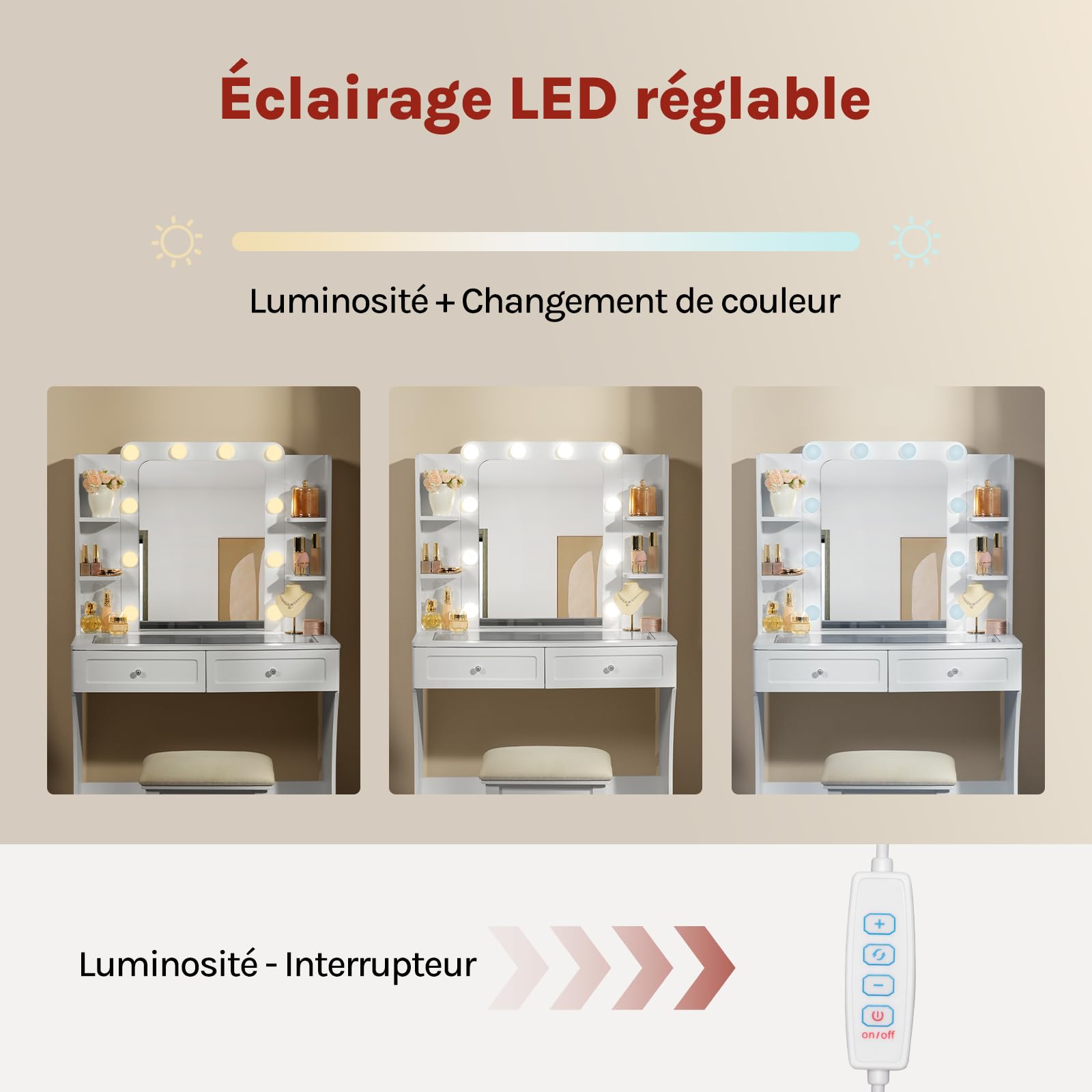 WOLTU Coiffeuse avec Miroir LED, Plateau en Verre, Blanche