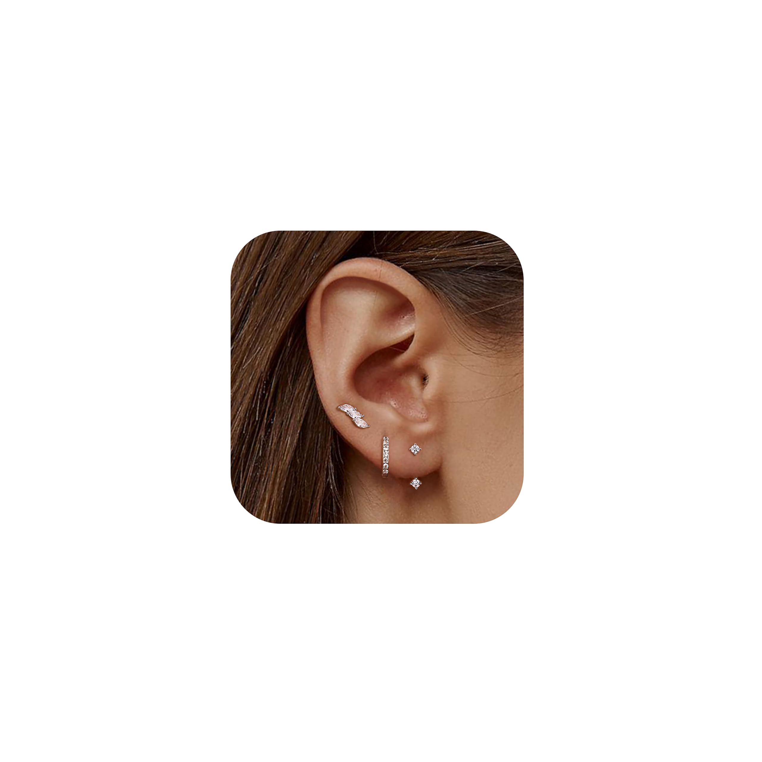 JeweBella 3 Paar Ohrringe Silber 925 Set für Damen 14 Karat Vergoldet Kleine Ohrstecker 925 Set Stapelbar Zirkonia Ohrstecker Creolen Ohrringe Set für Mehrere Piercings