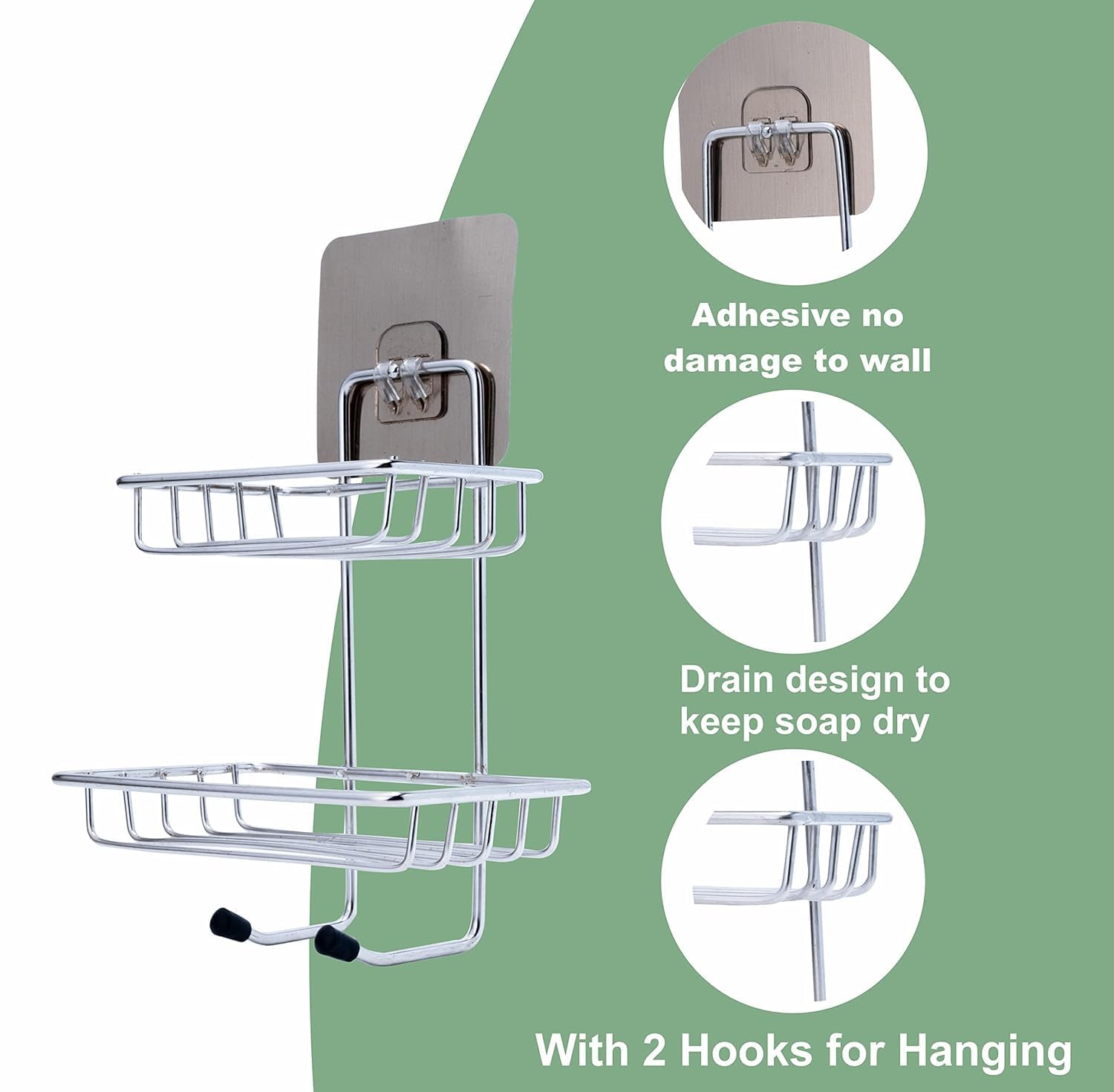OnisHomes Self-Adhesive Stainless Steel Double Layer soap Dish Holder Kitchen Bathroom Soaps Storage Rack with 2 Hook