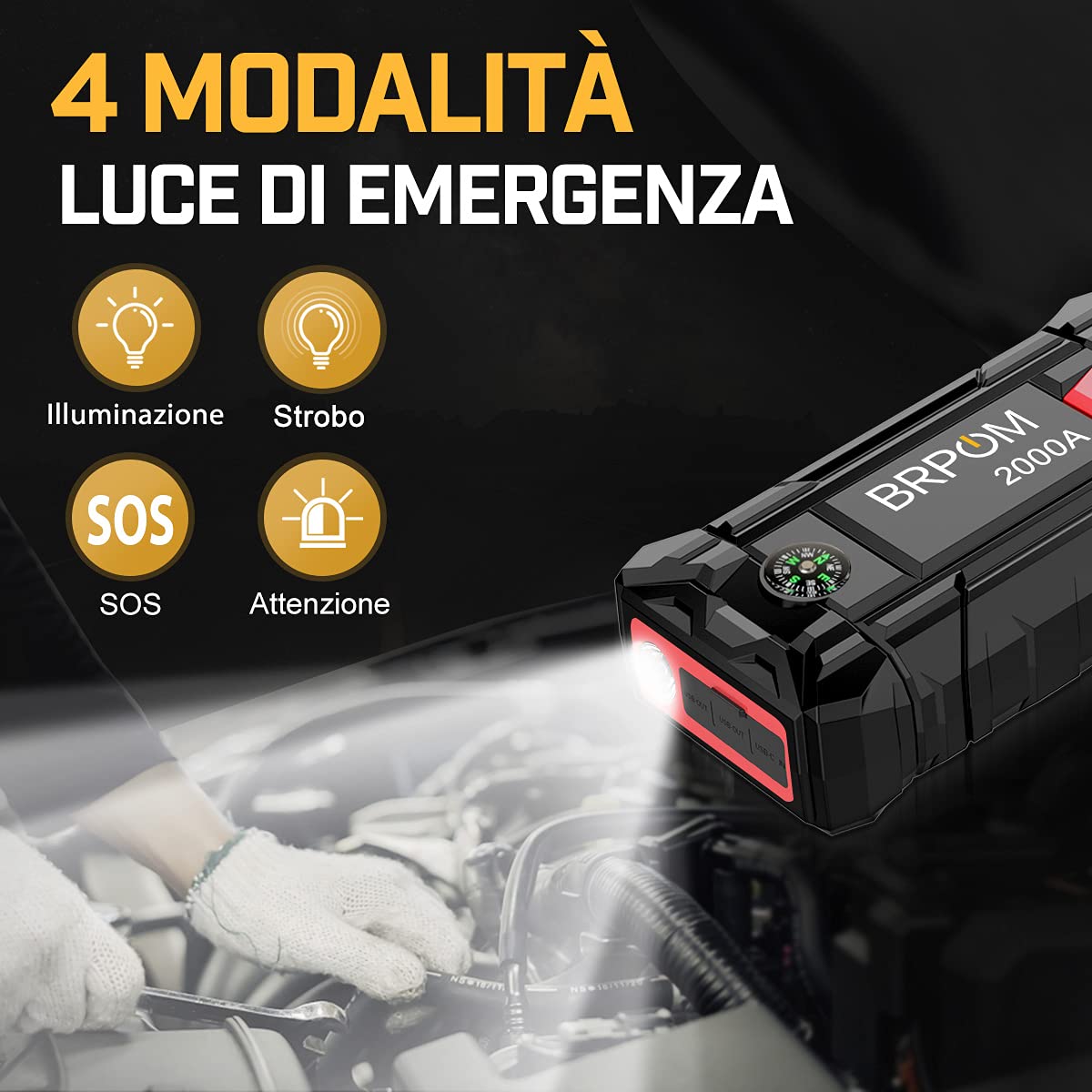 BRPOM BM500-ES Car Jump Starter showing flashlight modes