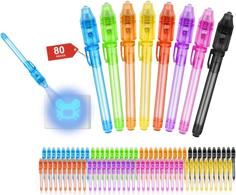 invisible ink pens with uv light, 80 pcs bulk spy pens for kids party favors, secret message marker set for halloween goodie bags, christmas stocking stuffers, classroom prizes & treasure hunt 1 count (pack of 80)