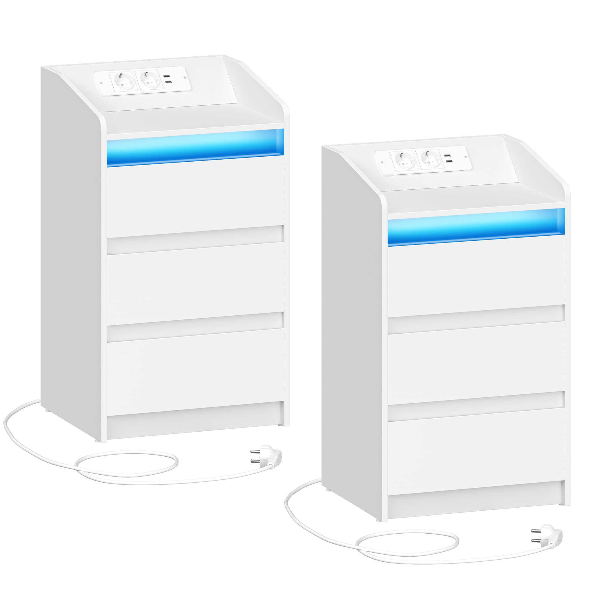 Hzuaneri Mesilla de Noche de 2 con 3 Cajones, Mesa Auxiliar con Estación de Carga y LED, 2 Tomas CA y 2 Puertos USB para Dormitorio, Salón, Blanco NS40103X