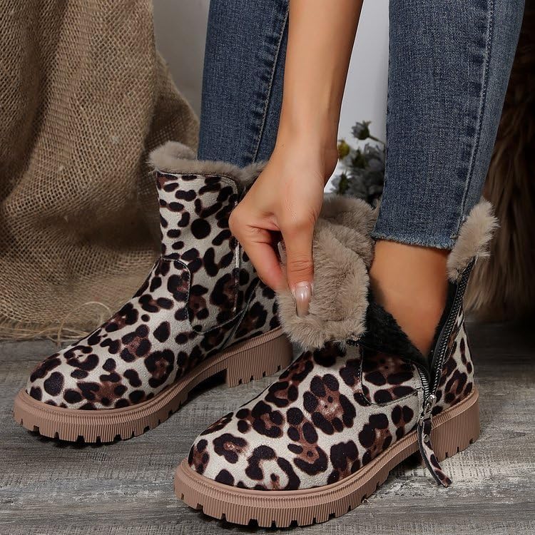 Women's Large Size Leopard Print Winter Snow Boots - Faux Fur-Lined, Thick Warm Fabric, Anti-Slip Rubber Sole