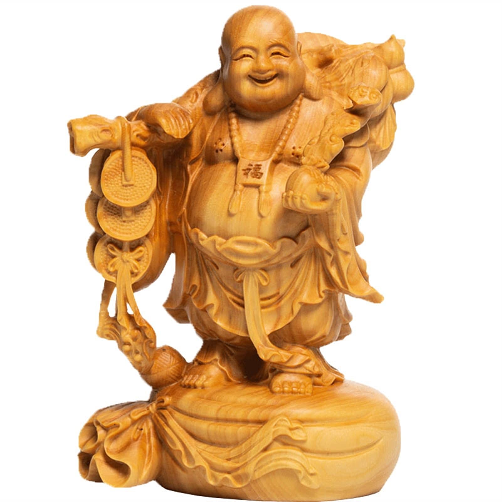 SBCGFY Creative Design Maitreya Buddha Sculpture Wood Carving Laughing Buddha Statue Home Decoration Feng Shui Decoration Indoor Statue