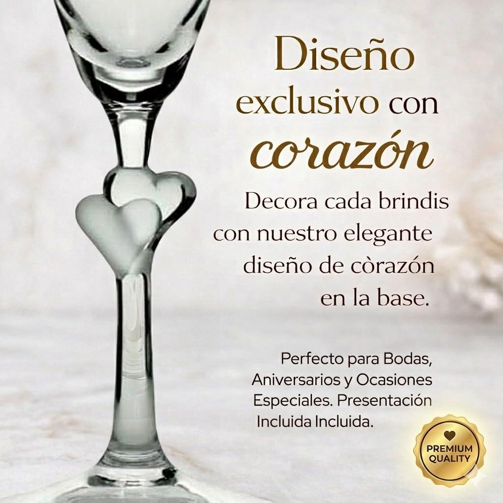 Copas de Boda Personalizadas para Novios con Corazón – Copas de Champán Grabadas con Nombre y Fecha – Copas Brindis Boda – Regalo para Novios con Estuche