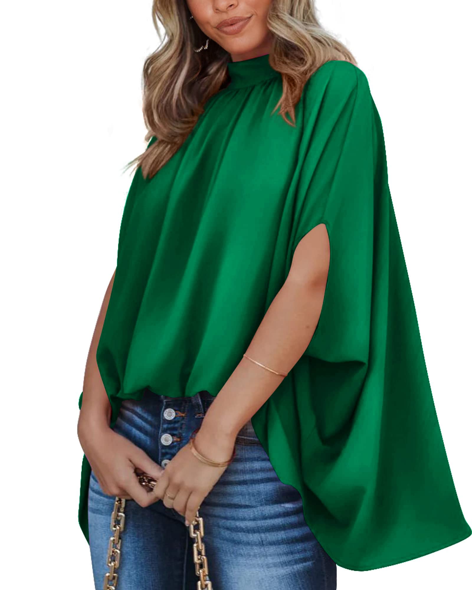 ChigantSatin Silk Blouses for Women Mock Neck Dolman Short Sleeve Pleated Shirts Oversized High Low Summer Tunic Top