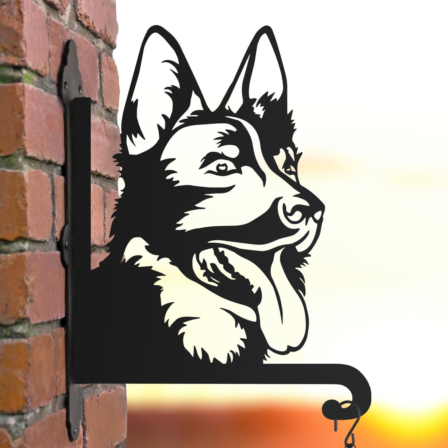 Black Country Metal Works Black Steel German Shepherd Dog Face Hanging Basket Bracket - Wall Mounted Garden Plant Hook For Outdoor Baskets, Decorative Heavy Duty Garden Wall Hook
