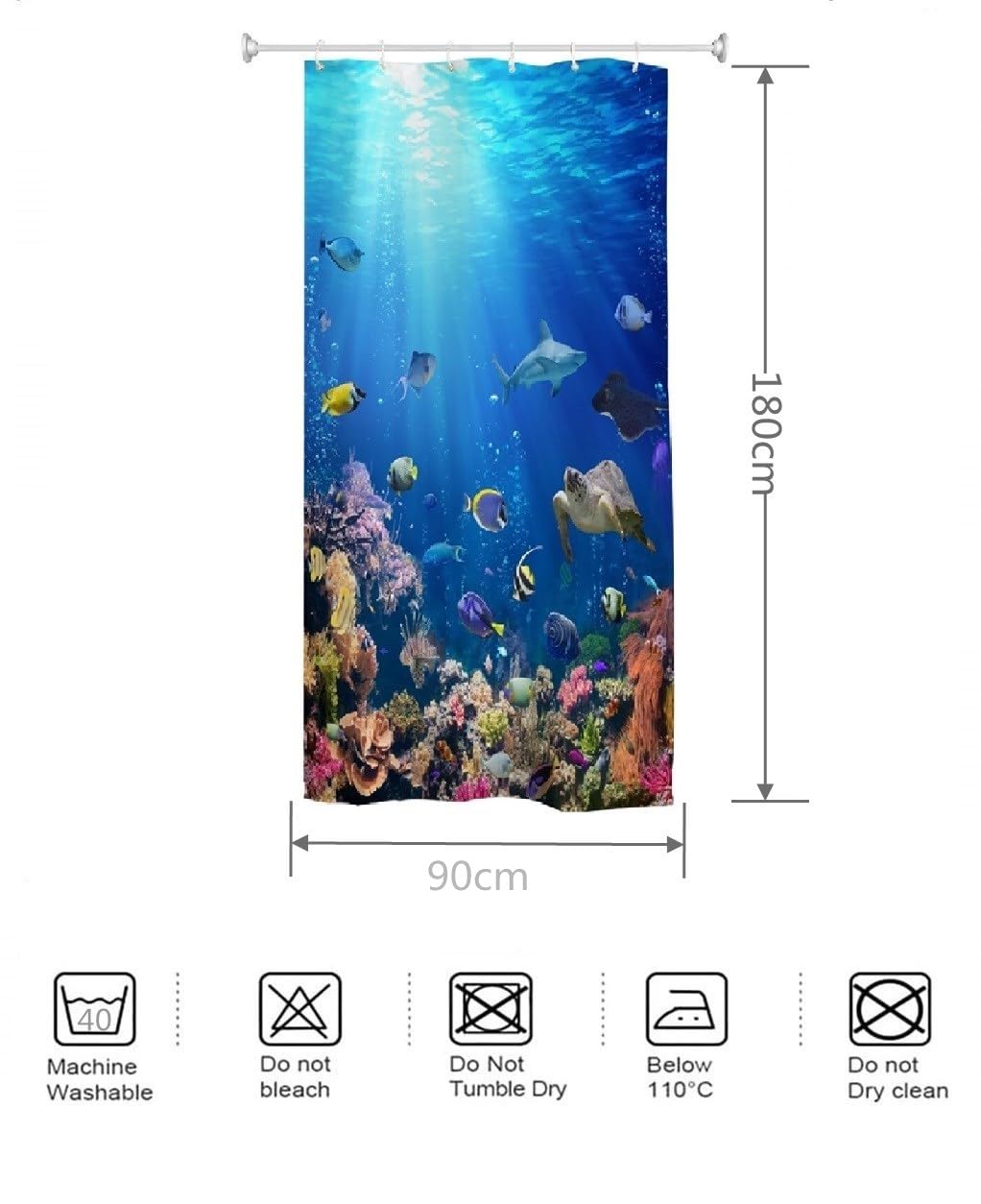 goodbath Narrow Shower Curtain 90cm Wide,Ocean Underwater World Tropical Anti Mould Waterproof Fabric Bath Curtains for Bathroom Bathtub 90 x 180 cm,Bright Blue - Image 2
