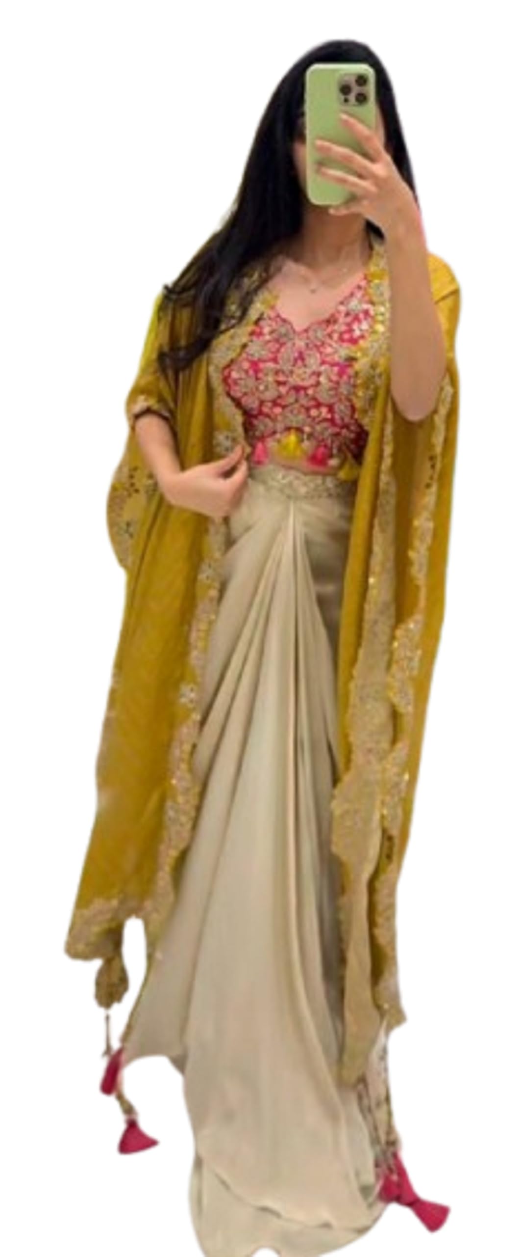 GARMENT GALAXY HOUSE Lehenga Dhoti Saree for Womens Natural Crep Fabric With Embrodery Sequance Work fully Stitched free size Blouse And Koti Shrug Wedding Yellow-picture-15