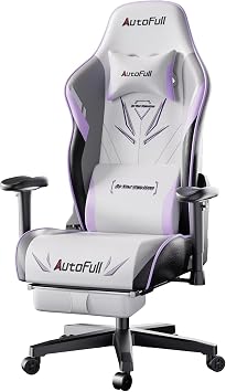 كرسي ألعاب AutoFull C3 ، وسادة مريحة بدون جناح كرسي كمبيوتر ، كرسي مكتب PU Leather Racing Style مع وسادة دعم أسفل الظهر ومسند أقدام ، أبيض